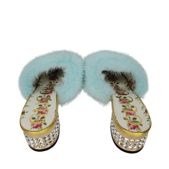 Gucci Mink Nappa Crystal Candy Fur Slippers Slides Mules - Picture 3 of 8